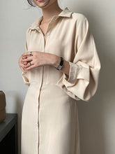 Long Sleeves Solid Color Lapel Puff Sleeve Shirt Dress